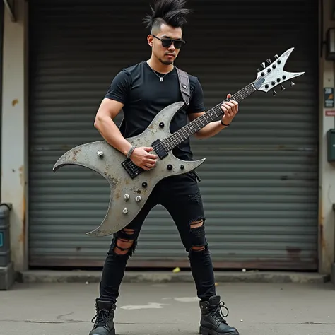 Mohawk haired Indonesian man wearing boots wearing ripped jeans wearing black t-shirt wearing sunglasses playing star-shaped metal electric guitar in front of a closed shop