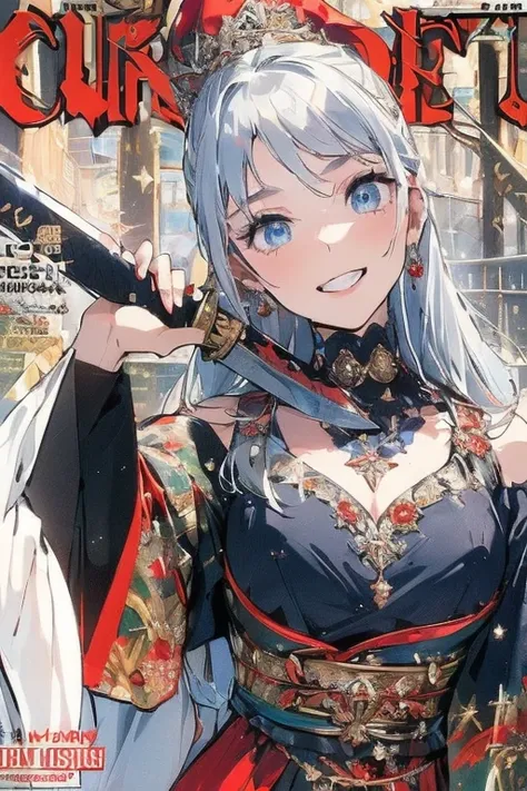 (from below:1.2),((1girl, silver hair, long hair, qutel blue eyes, beautiful eyes, pretty smile:1.5, ), ( off-shoulder dress, sweater dress,, santa hat, black tights, santa boots), (((holding ominous japanese sword:1.1 ))), ((battlescene,slashilg,killing t...