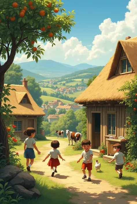 A view of a rural village with thatched roofs, fruit-laden trees, ren playing in the yard, and a beautiful village view with animals like cows, chickens, and chickens on the other side.