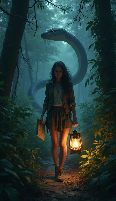  An adventurous woman holds a torn map in one hand and a lantern in the other ,  treading carefully in the dense forest .  The light of a lantern illuminates the face of a giant snake that suddenly appears from behind the trees . The woman froze ,  but her...