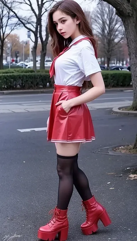 Girls body side view ((full body)) , fitted curvy figure , cute beautiful short teenage schoolgirl, beautiful cute teen face with big lips. ((Schoolgirl dressed in: High Waisted red fluffy leather skater pinafore dress, blouse short puffy sleeves, red pion...