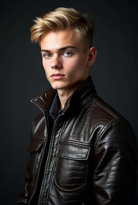  Photo at a professional studio  ,  A young man (18-25 years old )  with blond hair ,  with a determined and attentive face  ,  is located in the center of the stage . He wears an alligator jacket - the alligator texture is very clearly visible 