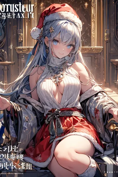 (from below:1.2),((1girl, silver hair, long hair, qutel blue eyes, beautiful eyes, pretty smile:1.5, ), ( off-shoulder dress, sweater dress,, santa hat, black tights, santa boots), (((holding ominous japanese sword:1.1 ))), ((battlescene,slashilg,killing t...