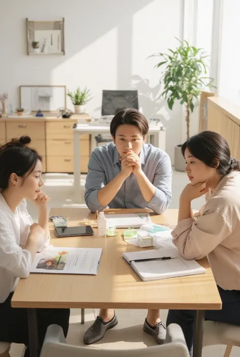 明るいオフィスで日本people男女３people、Japanese man and woman having a fun meeting 