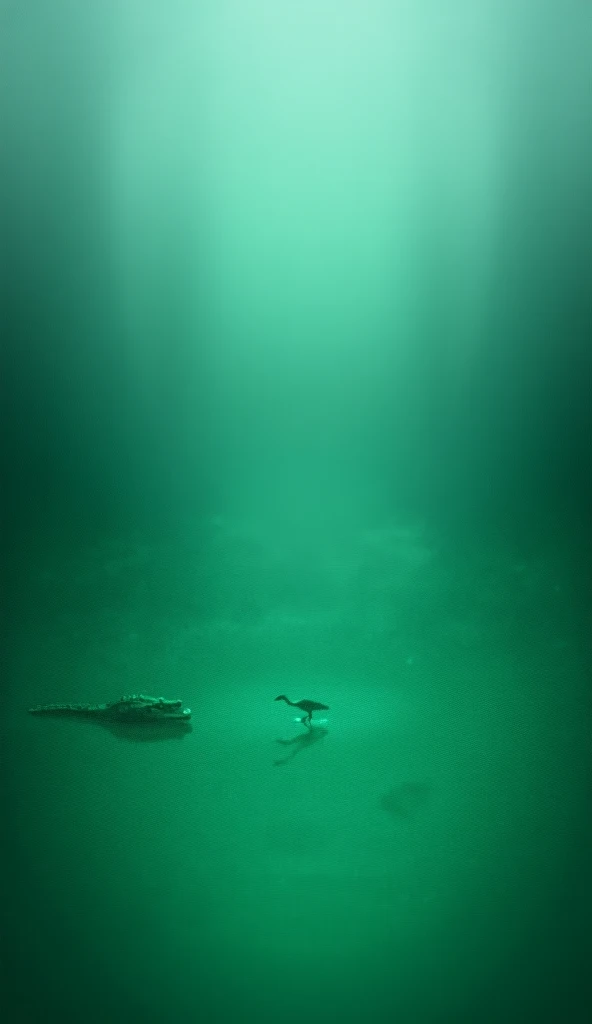 Create an image where a [single crocodile resting in water] is near a [jade-green crystal], with a heron standing silently on the bank. The background should depict a swampy marsh under an ominous gray sky, with the water reflecting eerie green hues.