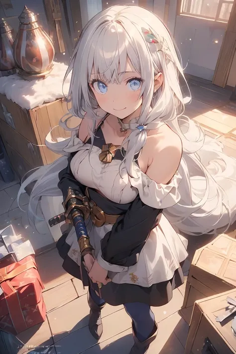 (from below:1.2),((1girl, silver hair, long hair, qutel blue eyes, beautiful eyes, pretty smile:1.5, ), ( off-shoulder dress, sweater dress,, santa hat, black tights, santa boots), (((holding ominous japanese sword:1.1 ))), ((battlescene,slashilg,killing t...