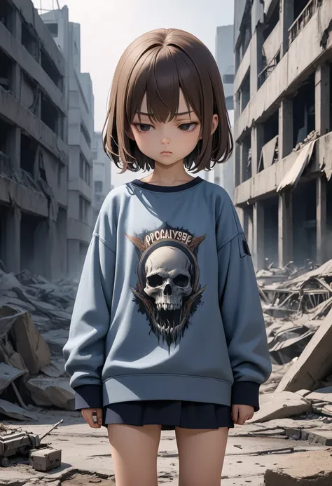 (masterpiece, best quality: 1.4), detailed background, apocalypse theme, petite brunette girl is standing fearfully, her clothes are worn out