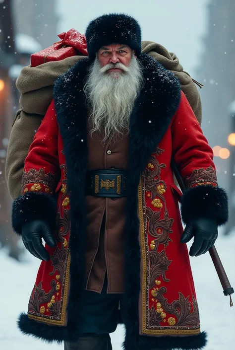 

"An ultra-realistic depiction of a strong, imposing figure dressed in a luxurious red coat with intricate patterns and black fur trim. The character has a long, thick gray beard and wears a black fur hat. He carries two large sacks, one on each shoulder,...