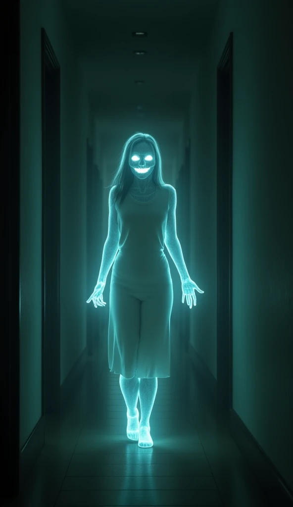 A glowing figure of a woman slowly advancing through a dark corridor, with glowing eyes and an unsettling smile. Design an unsettling scene with a glowing, transparent figure of a woman walking toward the camera with a sinister smile