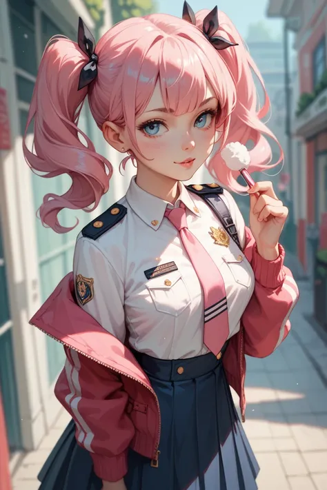  pink hair　 twin tails　 miniskirt　uniform