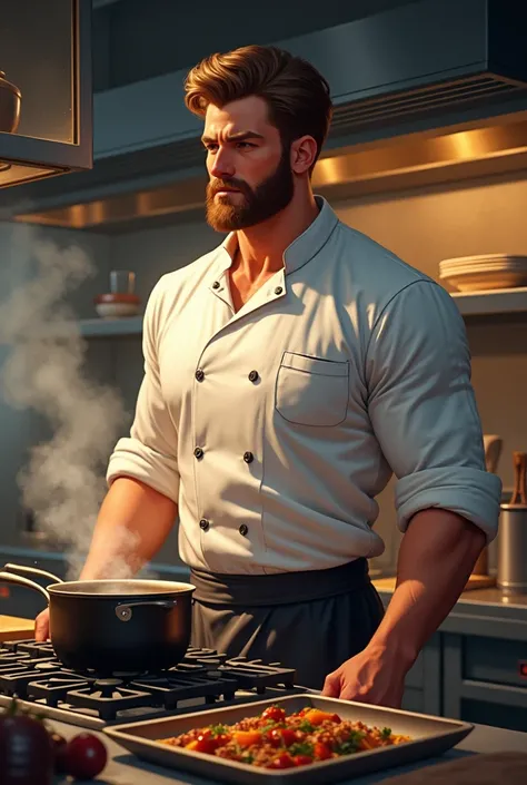 Cover for book,  put a restaurant kitchen where on a stove you can see a pot cooking over low heat.  In the foreground a tall man with white skin ,  honey-colored eyes  ,  light brown hair,  3-day beard well-defined jaw  , muscular chef dress  