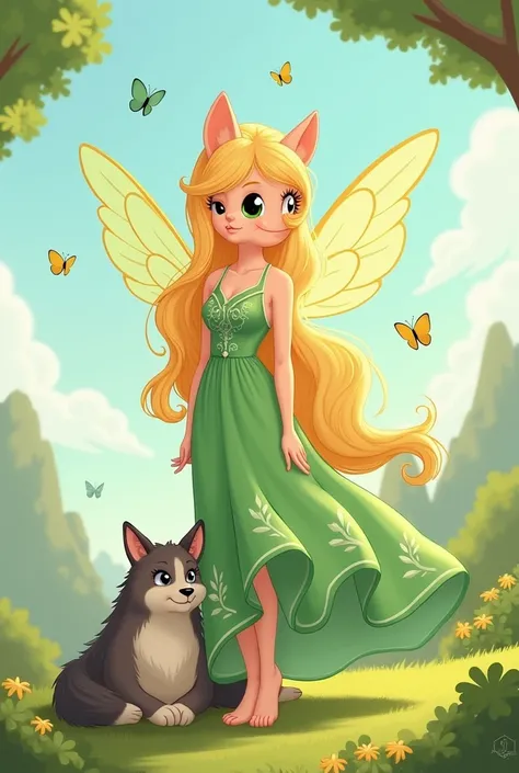  Fluttershy by Marilyn Ponny in a human body but in a cartoon, dressed in green with butterflies ,with its wings ,with a wolf lying down  