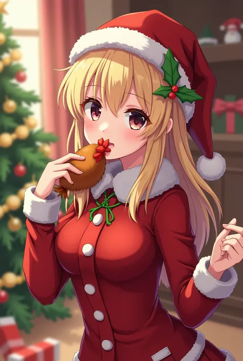 Busty blonde anime girl in Christmas clothes sucking cock