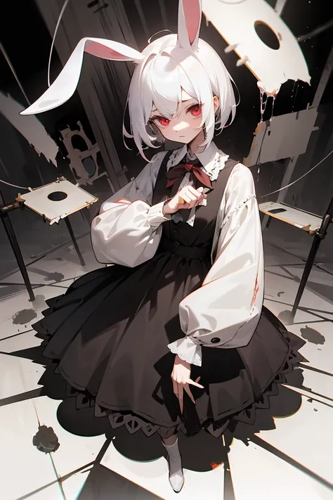 masterpiece,  Best Quality ,  high-resolution , 1 girl,  cream hair , White hair, pearl hair,  cute girl, handheld knife,  Rabbit Ears,  loose clothing ,  loose clothing , dark red  eyes, Eye bags, dark circles under  eyes, Cute,  round hair , Thick hair ,...