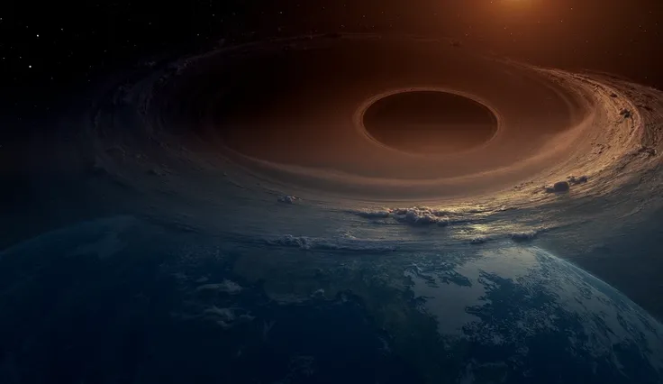  earth view from space above the planet a huge funnel black portal, behind the planet is the setting sun   