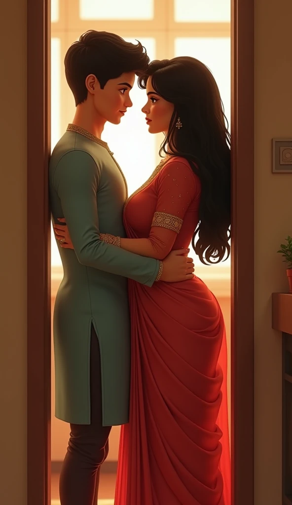 A day time scene in a well lit space captures a  young indian boy and a curvy indian woman . Behind the kitchen doorway, slightly to the left, the boy and woman stand close together. The boy is positioned slightly to the side, turning his body toward the w...