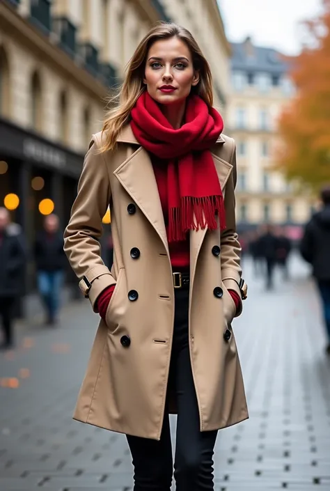 Une très belle femme élégante portant un trench coat beige classique et une écharpe en laine rouge, se tenant dans un cadre urbain chic. Le trench coat est cintré à la taille et elle porte des bottes hautes en cuir noir. Lécharpe est enroulée de manière st...