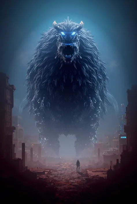 A kaiju resembling a massive, glowing Persian lion with holographic patterns inspired by Persian rugs. It roams through a futuristic Tehran, with ancient ruins merging with cyberpunk towers