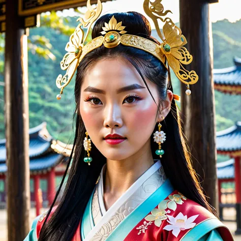  I wanted to create a close-up image of a female warrior from the Joseon Dynasty while imagining Mulan. .  Decorate a headband with golden jewelry and enter a peachy skin tone reflected in the light as a prompt. ความละเอียดสูง, ถูกต้องตามกายวิภาคศาสตร์, มุ...