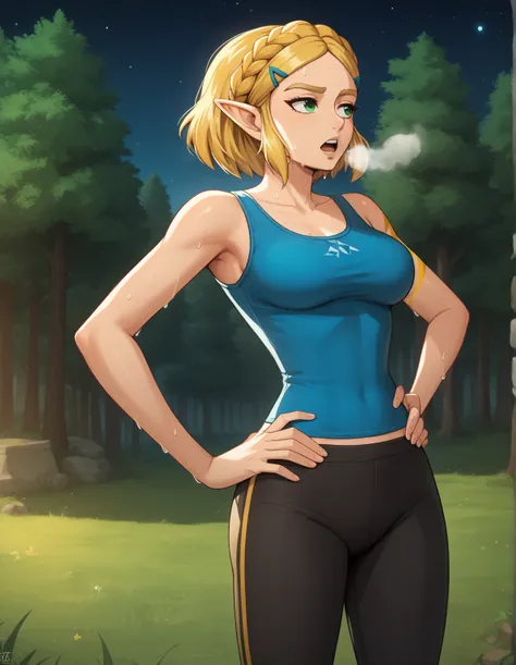 score_9, score_8_up, score_7_up, source_anime, best quality, clear face, 1girl, solo, Zelda, Totk, blonde hair, short hair, green eyes, medium breasts, outdoor, blue tanktop,, black pants with yellow stripes, tight pants, night, standing, outdoors, hands o...