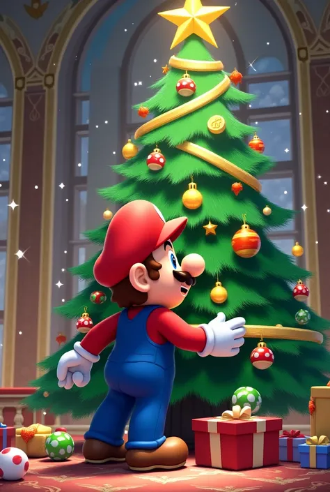 Generate an image of Super Mario Bros ,  adorning a Christmas tree inside Princess Peachs castle 