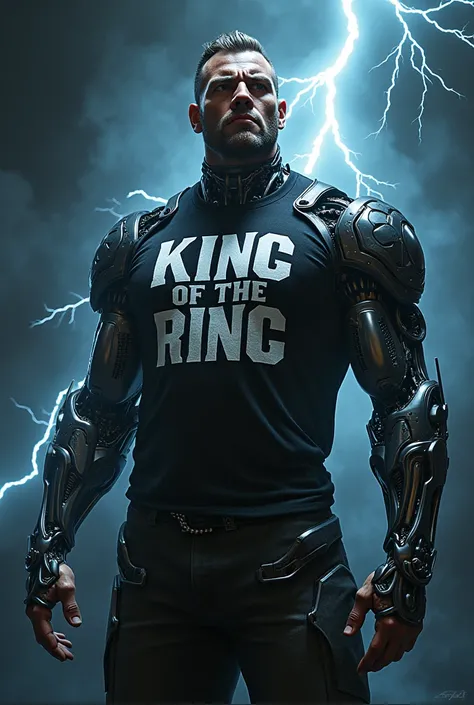 homme en terminator avec écrit king of the ring sur le tee shirt avec de lélectricité statique avec éclair avec des tenebres 