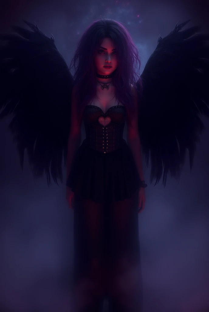 A 3D rendering of a medium realistic shot of a dark gothic girl with striking black wings. She wears a black choker, a star-print corset dress with a heart-shaped cutout, and black knee-high boots. Her hair has a punk-inspired style with long wavy dark pur...