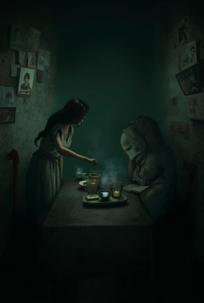 The house is dark and the woman has pictures of people on the old walls and the woman gives tea to the man 