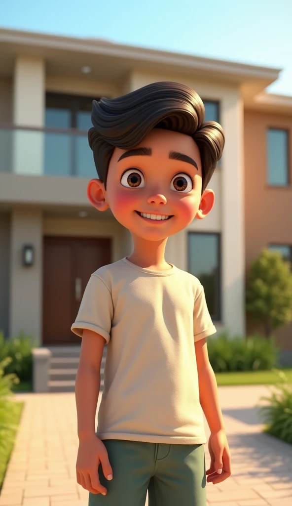 a pakistani  a s age boy ,out side of house, while standing, modern home in background, normal mood, cartoon 3d disney pixar style image,
