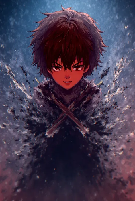 anime style boy with short brown hair with two blades in process of a combat