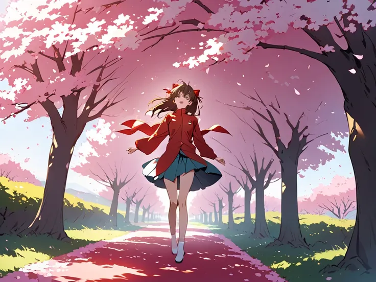 Asuka Langley, clad in a traditional high , strolls along a picturesque row of blooming cherry blossom trees. The wind gently rustles her long, dark hair as she looks up at the canopy above, her expression wistful. Her skirtflutters around her knees, revea...