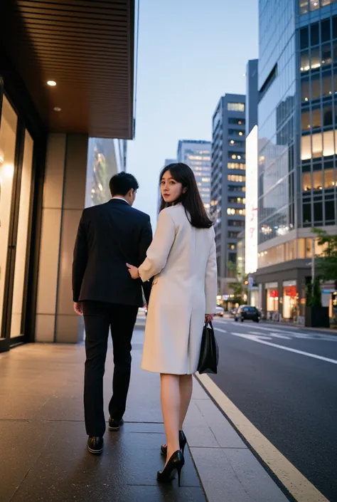 A rich cityscape like Ginza 、After shopping、 elegant moment 、tall women、 carrying a shopping bag over her shoulder 、Man in the distance 、 saying goodbye to a man far away 、At dusk、 women are wearing white dresses and coats、 the woman is wearing high heels ...