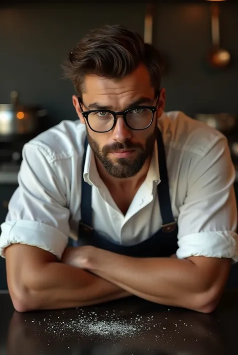 Cover for book,  put a restaurant kitchen where on a stove you can see a pot cooking over low heat.  In the foreground a 22-year-old tall white-skinned man ,  deep emerald green eyes ,  Dark brown hair  , 2-day beard well-defined jaw  , muscular , She is i...