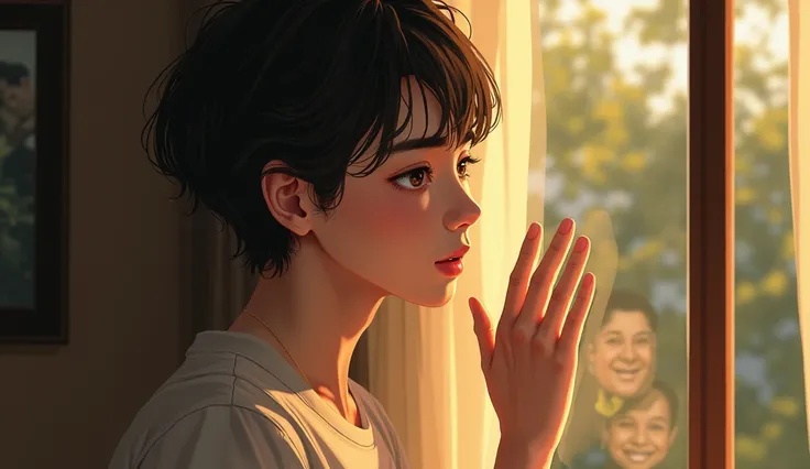 "A close-up of a male or female character looking out of a window in the morning, with warm sunlight streaming in. The face conveys nostalgia and deep emotion. One hand touches the glass or window frame. In the glass is reflected memories, such as someones...