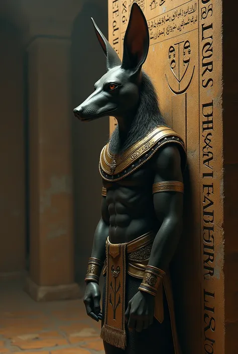 Anubis Egyptian god with the stone writing The Thunder next to him
