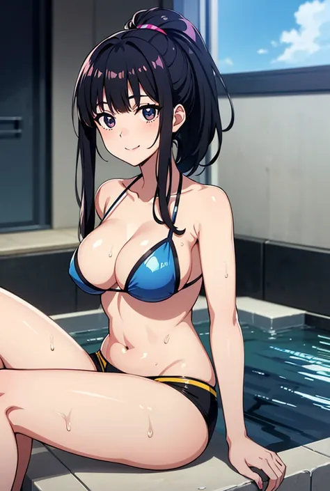 (insanely detailed,best quality,ultra detailed,:1.2),CG,a beautiful and Japanese girl,Wet Skin,Silky hair,short bangs,short hair with long locks,High Ponytail,Glossy Black hair,Shiny eyes,Round eyes,twinkling iridescent eyes,double eyelid,Smile,Sitting on ...