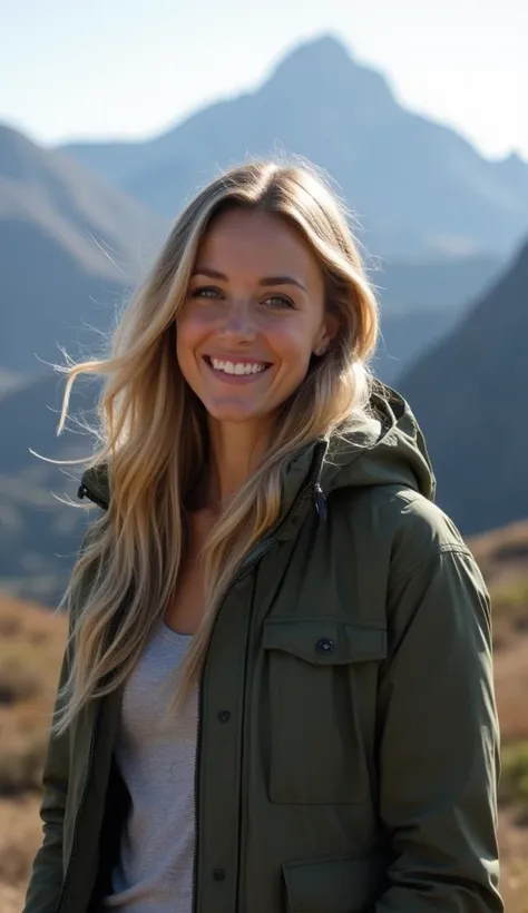 A graceful 38-year-old woman wearing a jacket, standing in front of a mountain landscape.