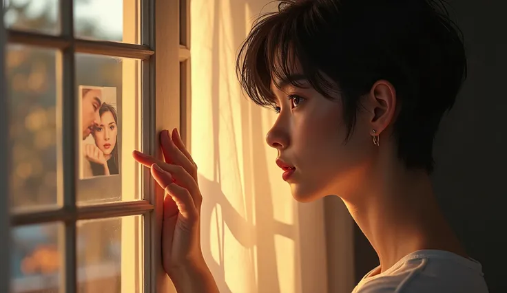 "A close-up of a male or female character looking out of a window in the morning, with warm sunlight streaming in. The face conveys nostalgia and deep emotion. One hand touches the glass or window frame. In the glass is reflected memories, such as someones...