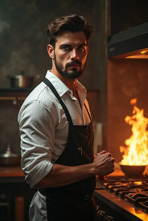 Cover for book, A 22-year-old tall white-skinned man ,  deep emerald green eyes ,  Dark brown hair  , 2-day beard well-defined jaw  , muscular ,  is standing in front of a stove with a burning flame wearing thin-framed black lenses dressed as a chef in a v...