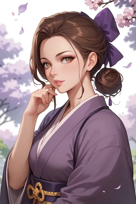 A beautiful woman with long brown hair, hazel eyes with the colors of brown and green, and fair skin. Her clothing are an inspired mix between Japanese in the Edo Period and English clothing from the Regency Era. Color of the clothing are white, dark purpl...