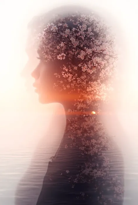 high quality, 8K Ultra HD, A beautiful double exposure that combines an goddess silhouette with sunset coast, sunset coast should serve as the underlying backdrop, with its details incorporated into the goddess , crisp lines, The background is monochrome, ...