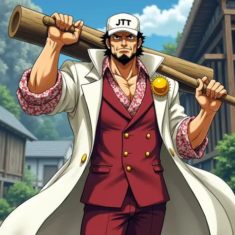  draw a character in the style of One Piece、 ,An officers white cloak with a high collar on his shoulders 、 he wears a white cloak with a yellow ornament on his shoulder 、Red double-breasted suit、A red shirt with a floral pattern with an open chest 、Open y...