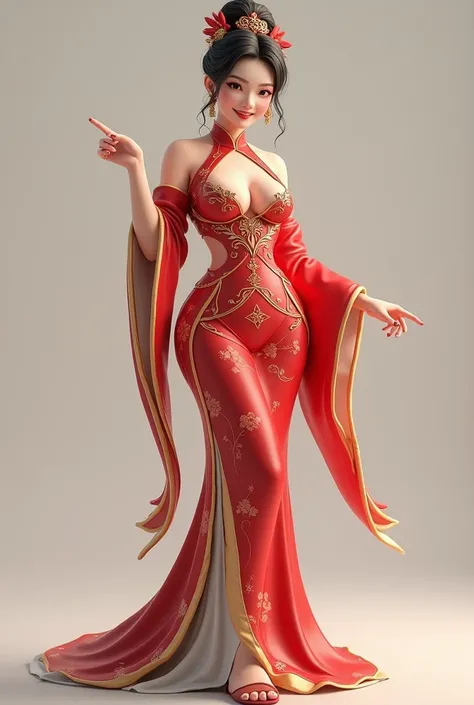 create beautiful Chinese 3D girl with big chest and big hip, wearing attractive hot traditional dress and pointing finger to side, smiling face with portrait full body
