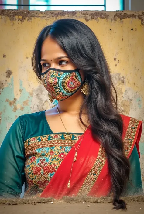 Graffiti of a womans upper half body,side view ,wearing indian traditional dress a wall one person walking infront of it, vintage style, on wall, single wall in whole ground, visible ground, a womans face wearing a colorful mask,detailed eyes,,ultra-realis...