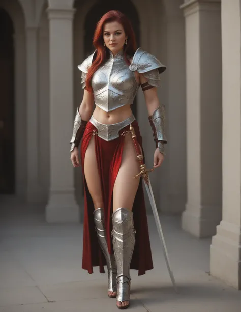 Fraction_9, Fraction_8_up, Fraction_7_up, Fraction_6_up, 1 Mature Woman, whole body， Demon Warrior,  beautiful ,   dark red hair ,  long hair,  Small chest,intricately detailed armor