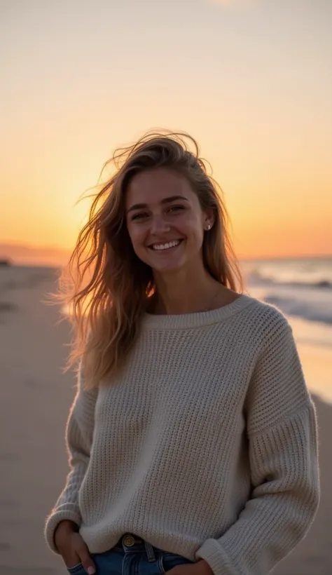 A happy 37-year-old woman in a casual sweater, captured at a beach during sunset.