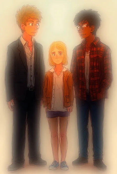 okay I want a guy standing on the left with brown hair, in a suit and a short blonde girl in the middle and then a black haired guy on the right in a flannel and jeans. They are all teenagers and it’s based on the app “episode” 