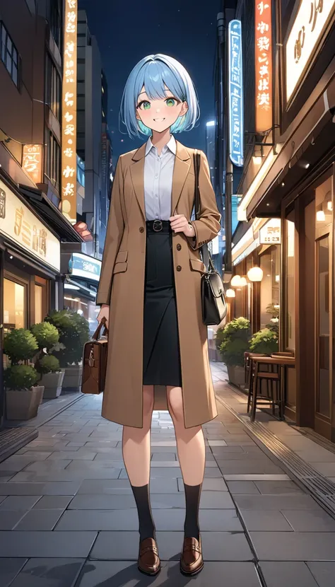 Highest quality、Light blue hair、Short Bob、Deep green eyes,20 years old,woman,small breast,Brown suit、 Brown Long Coat 、Brown leather shoes、Black socks、business bag、After work、Ginza night view、smile