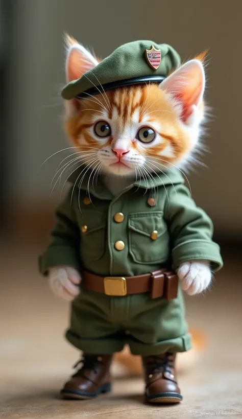 " Imagine a cute kitten ,  with a soft coat and big curious eyes ,  dressed as an army soldier .  He wears a full uniform , with green camouflage ,  small boots and a beret with the military badge .  The kitten has an adorable expression ,  mixing seriousn...