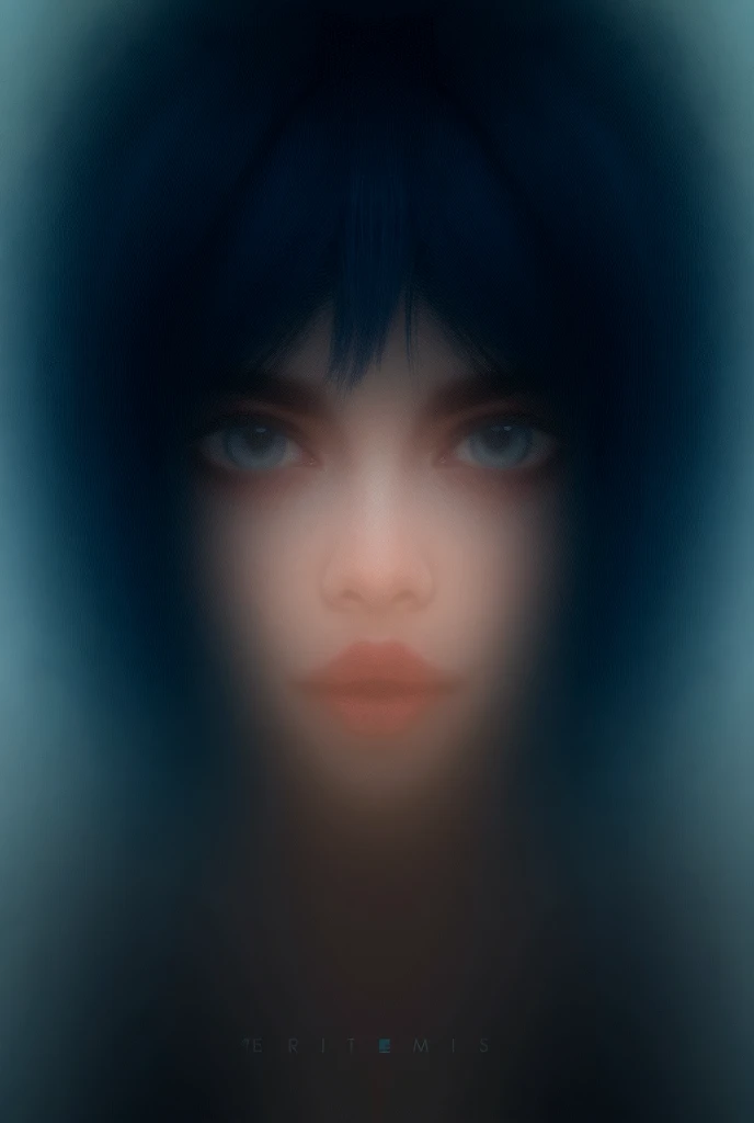 Pretty young woman with blue hair at ear height, kinda messy, and dark eyes and serious expression 